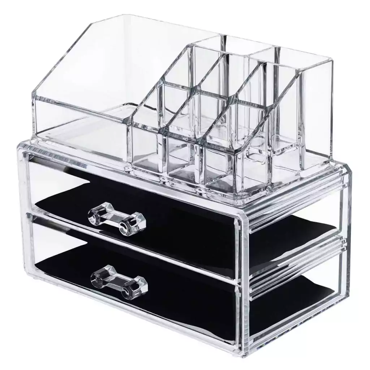 Organizador Belleza Cosméticos Soporte Acrílico 2 Cajones Color Transparente Espacio Brochas Labiales Esmaltes