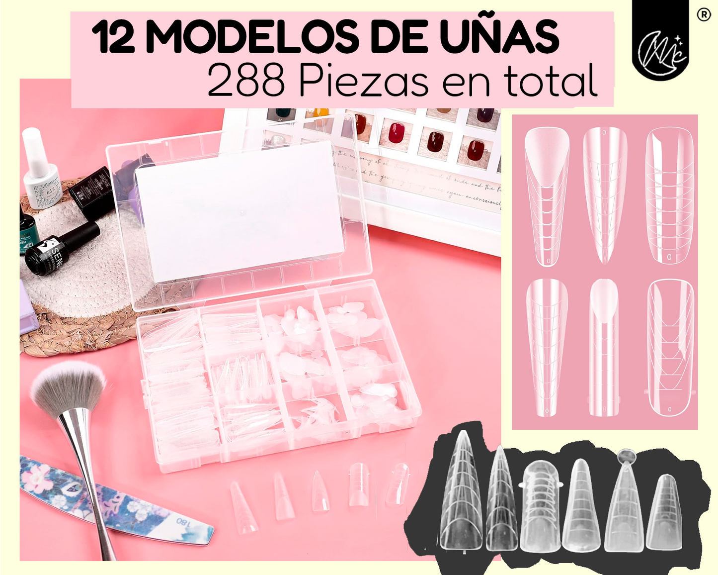 Caja 288 Moldes Cápsulas Transparentes Uñas Acrílicas Esculpidas Polygel 12 Modelos