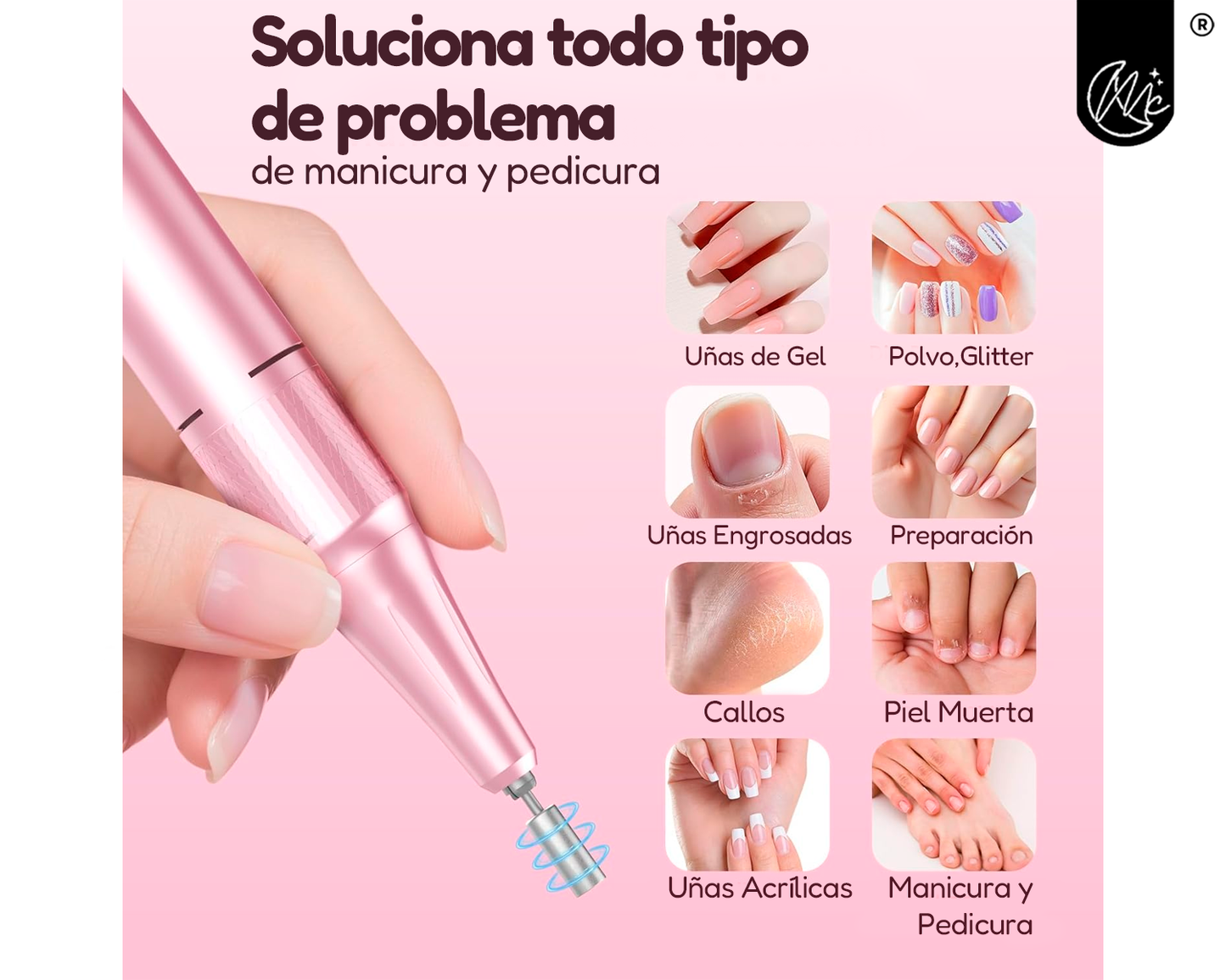 Torno De Uñas Portatil Inalámbrico Profesional 45000 Rpm Manicuría Pedicuría Velocidad Regulable Pantalla Lcd Kit De Brocas Fresas Blanco Rosa