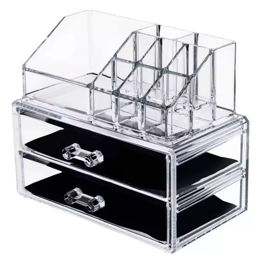 Organizador Belleza Cosméticos Soporte Acrílico 2 Cajones Color Transparente Espacio Brochas Labiales Esmaltes
