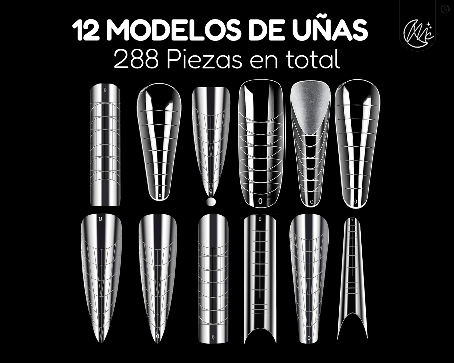 Caja 288 Moldes Cápsulas Transparentes Uñas Acrílicas Esculpidas Polygel 12 Modelos