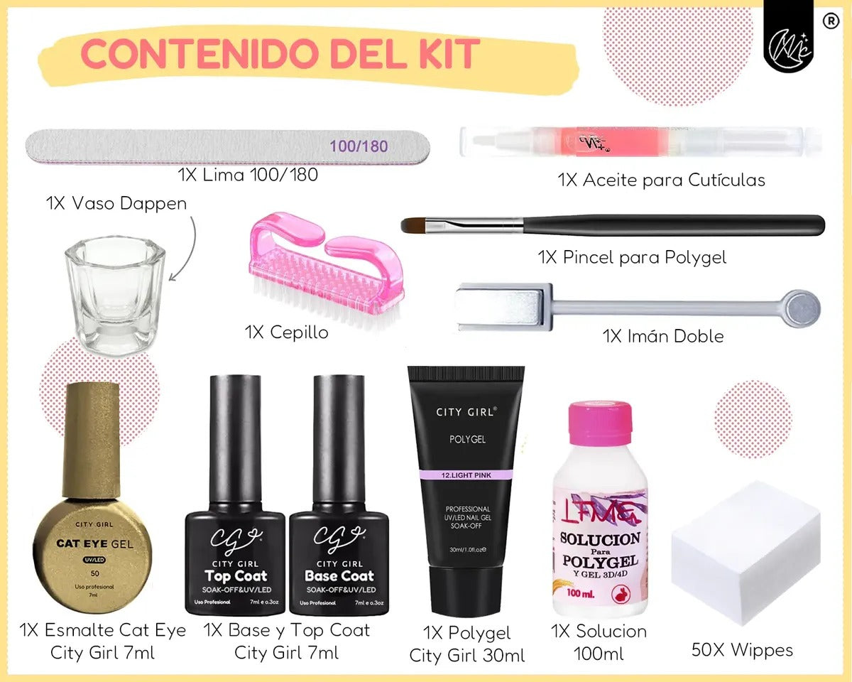 Kit Uñas Polygel Esculpidas Esmaltado Semipermanente Cat Eye