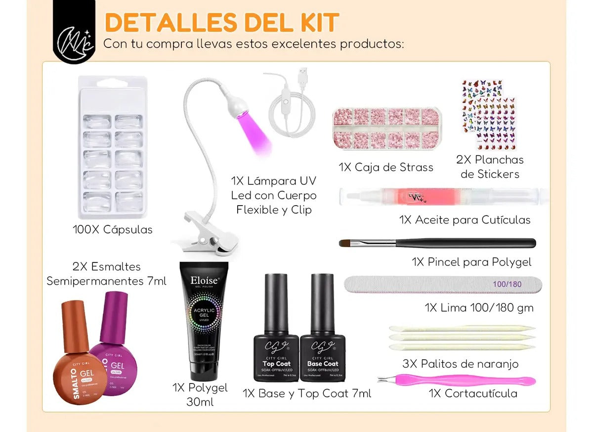 Kit Uñas Esculpidas Polygel Esmaltado Semipermanente Uv Led