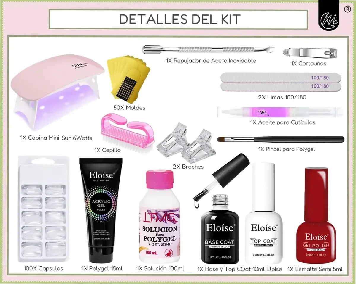 Kit Uñas Esmaltado Esculpidas Polygel Set Uv Semipermanente