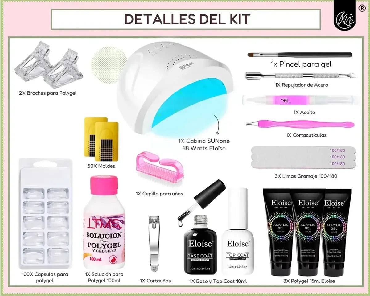 Kit X3 Polygel Completo Cabina Uv Led Uñas Semipermanente