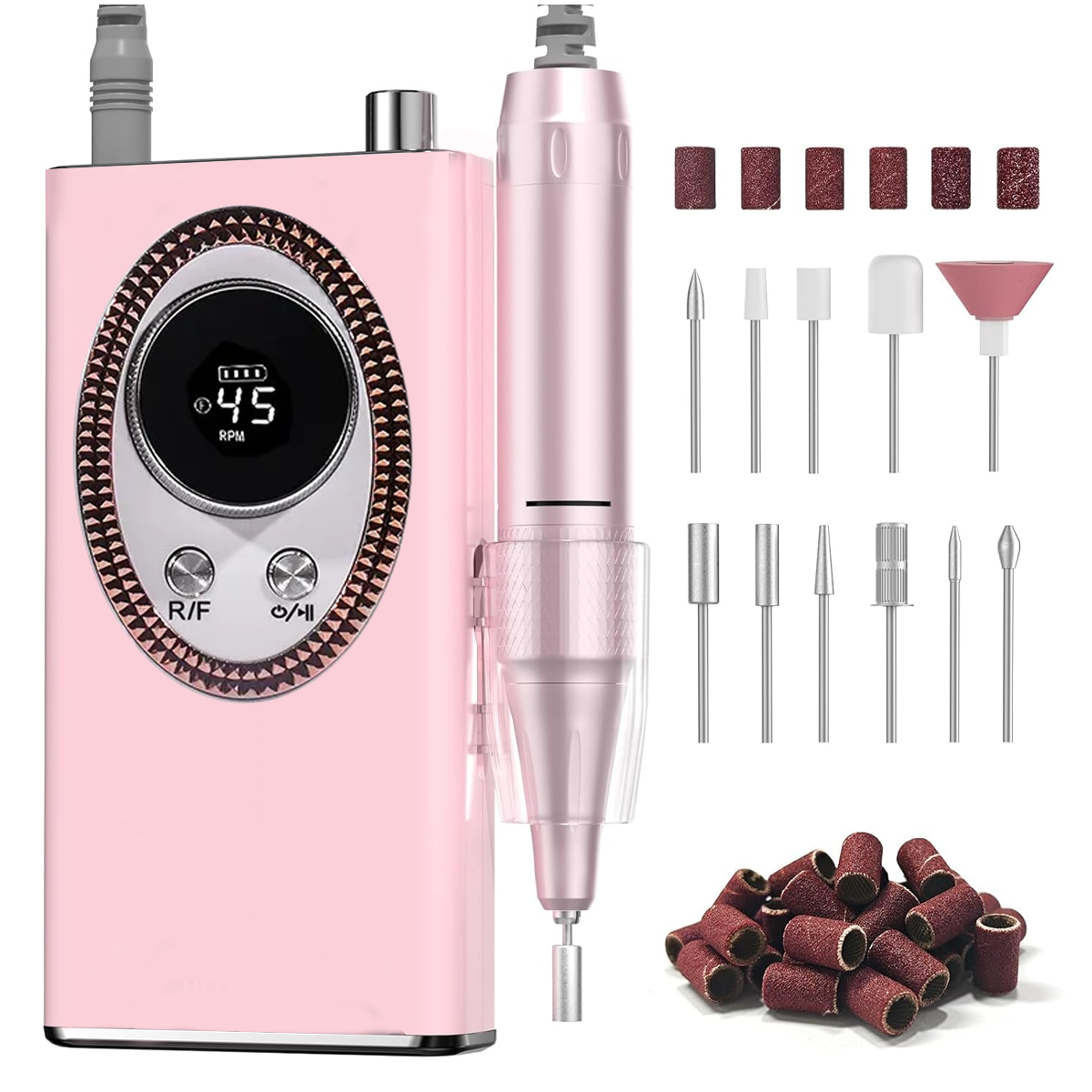 Torno De Uñas Portatil Inalámbrico Profesional 45000 Rpm Manicuría Pedicuría Velocidad Regulable Pantalla Lcd Kit De Brocas Fresas Blanco Rosa