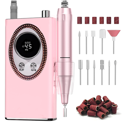 Torno De Uñas Portatil Inalámbrico Profesional 45000 Rpm Manicuría Pedicuría Velocidad Regulable Pantalla Lcd Kit De Brocas Fresas Blanco Rosa
