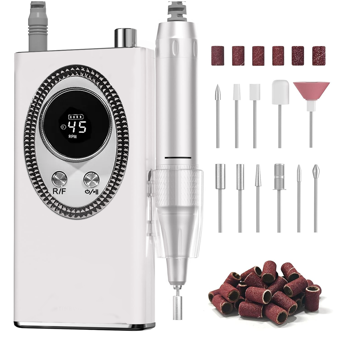 Torno De Uñas Portatil Inalámbrico Profesional 45000 Rpm Manicuría Pedicuría Velocidad Regulable Pantalla Lcd Kit De Brocas Fresas Blanco Rosa
