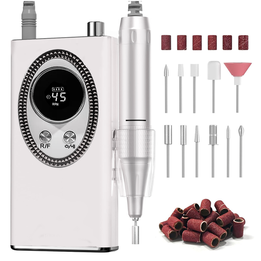 Torno De Uñas Portatil Inalámbrico Profesional 45000 Rpm Manicuría Pedicuría Velocidad Regulable Pantalla Lcd Kit De Brocas Fresas Blanco Rosa