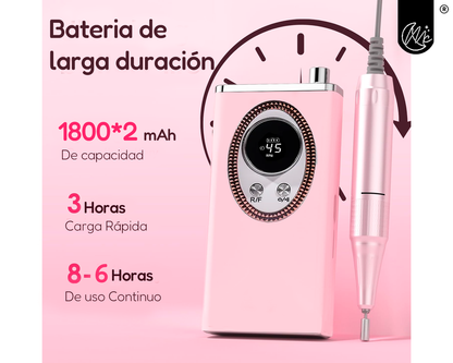 Torno De Uñas Portatil Inalámbrico Profesional 45000 Rpm Manicuría Pedicuría Velocidad Regulable Pantalla Lcd Kit De Brocas Fresas Blanco Rosa