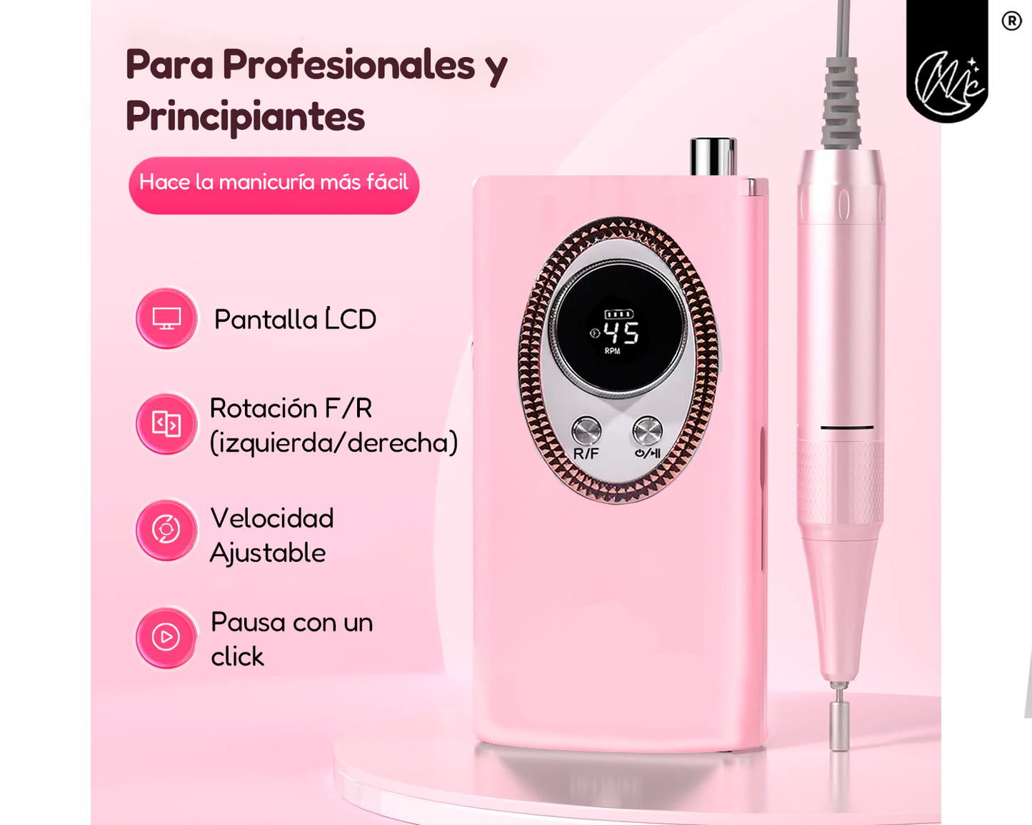 Torno De Uñas Portatil Inalámbrico Profesional 45000 Rpm Manicuría Pedicuría Velocidad Regulable Pantalla Lcd Kit De Brocas Fresas Blanco Rosa