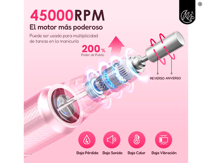 Torno De Uñas Portatil Inalámbrico Profesional 45000 Rpm Manicuría Pedicuría Velocidad Regulable Pantalla Lcd Kit De Brocas Fresas Blanco Rosa