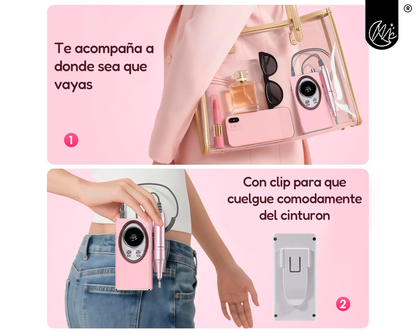 Torno De Uñas Portatil Inalámbrico Profesional 45000 Rpm Manicuría Pedicuría Velocidad Regulable Pantalla Lcd Kit De Brocas Fresas Blanco Rosa