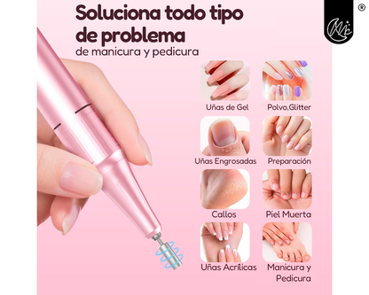Torno De Uñas Portatil Inalámbrico Profesional 45000 Rpm Manicuría Pedicuría Velocidad Regulable Pantalla Lcd Kit De Brocas Fresas Blanco Rosa